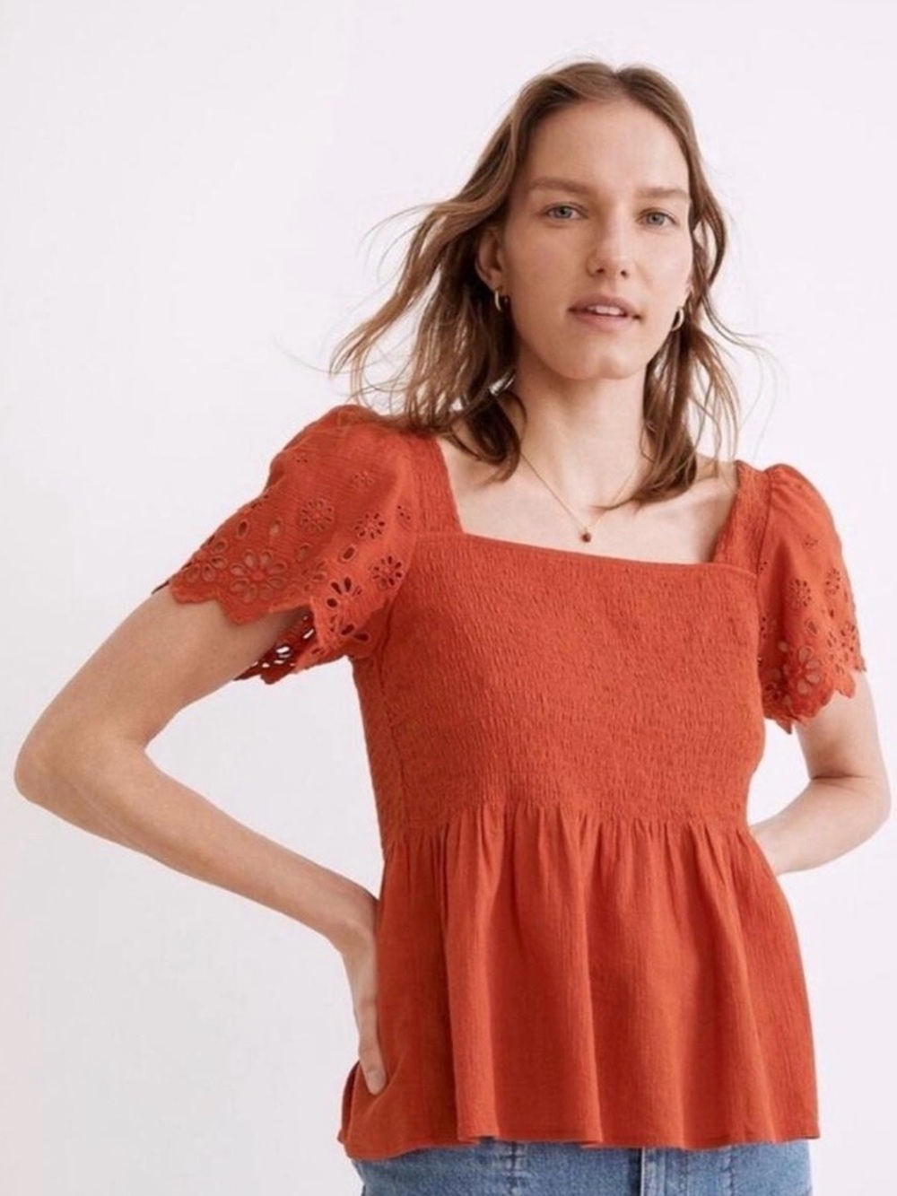 Madewell Brick Red Square-Neck Eyelet Sleeve Peasant Top